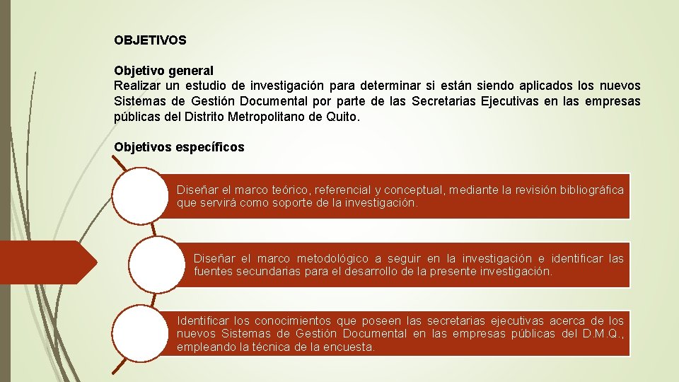 OBJETIVOS Objetivo general Realizar un estudio de investigación para determinar si están siendo aplicados