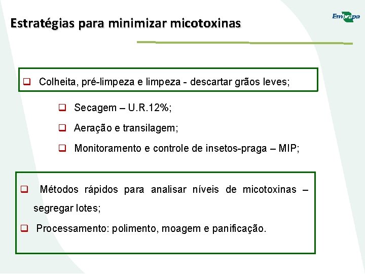 Estratégias para minimizar micotoxinas q Colheita, pré-limpeza e limpeza - descartar grãos leves; q