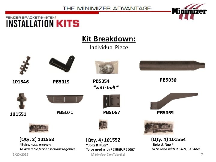 Kit Breakdown: Individual Piece 101546 PB 5019 101551 (Qty. 2) 101558 PB 5071 *Bolts,