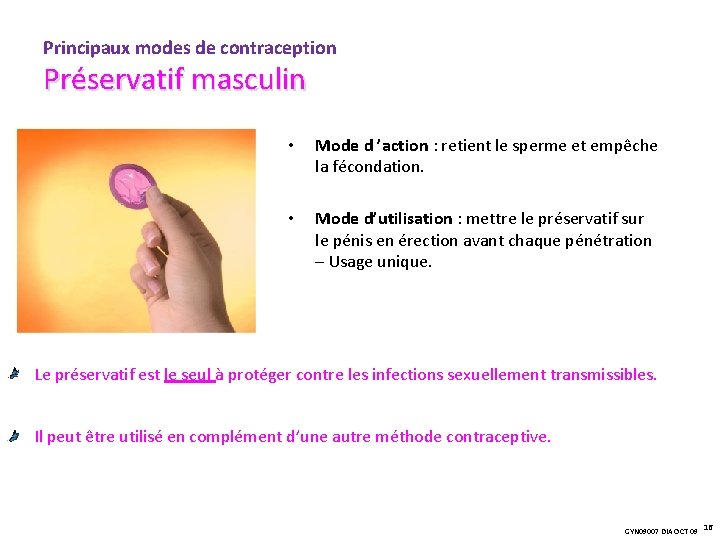 Principaux modes de contraception Préservatif masculin • Mode d ’action : retient le sperme