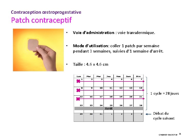 Contraception œstroprogestative Patch contraceptif • Voie d’administration : voie transdermique. • Mode d’utilisation: coller