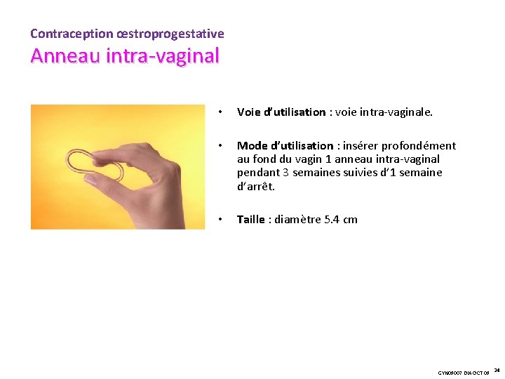 Contraception œstroprogestative Anneau intra-vaginal • Voie d’utilisation : voie intra-vaginale. • Mode d’utilisation :