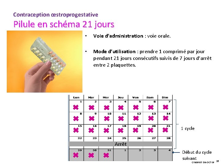 Contraception œstroprogestative Pilule en schéma 21 jours • Voie d’administration : voie orale. •