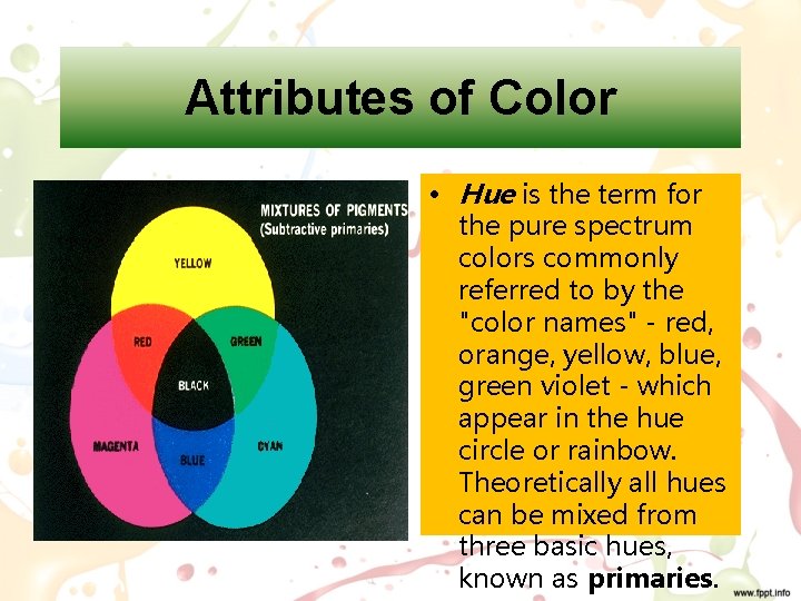 Attributes of Color • Hue is the term for the pure spectrum colors commonly