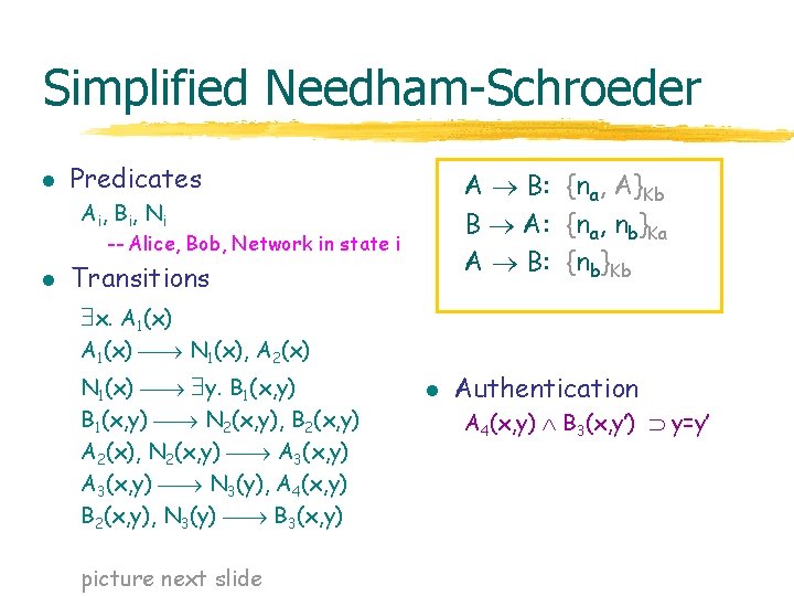 Simplified Needham-Schroeder l Predicates A B: {na, A}Kb B A: {na, nb}Ka A B:
