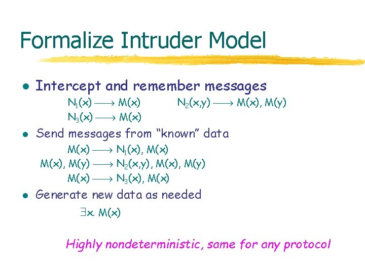 Formalize Intruder Model l Intercept and remember messages N 1(x) M(x) N 3(x) M(x)