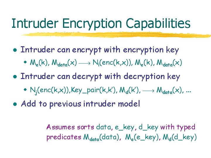 Intruder Encryption Capabilities l Intruder can encrypt with encryption key w Me(k), Mdata(x) Ni(enc(k,