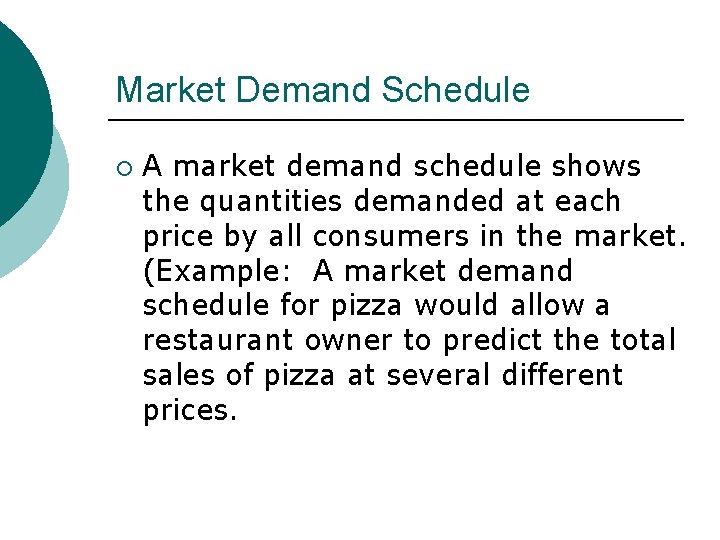 Market Demand Schedule ¡ A market demand schedule shows the quantities demanded at each
