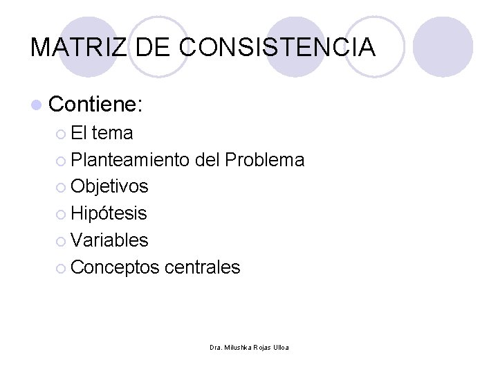 MATRIZ DE CONSISTENCIA l Contiene: ¡ El tema ¡ Planteamiento del Problema ¡ Objetivos