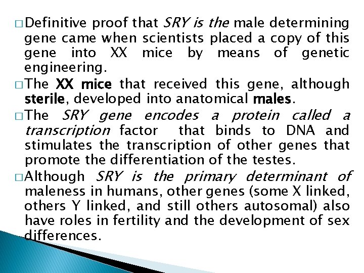 proof that SRY is the male determining gene came when scientists placed a copy