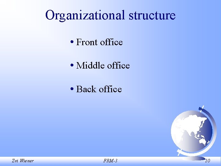 Organizational structure • Front office • Middle office • Back office Zvi Wiener FRM-3