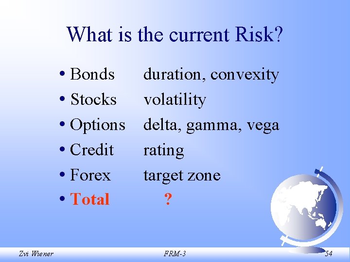 What is the current Risk? • Bonds • Stocks • Options • Credit •