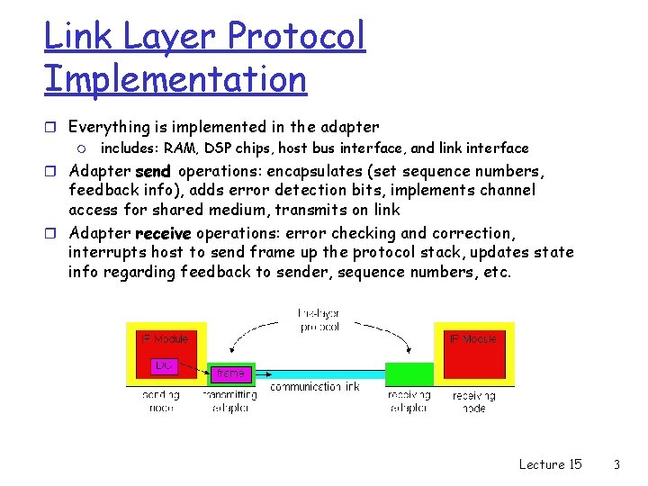 Link Layer Protocol Implementation r Everything is implemented in the adapter m includes: RAM,