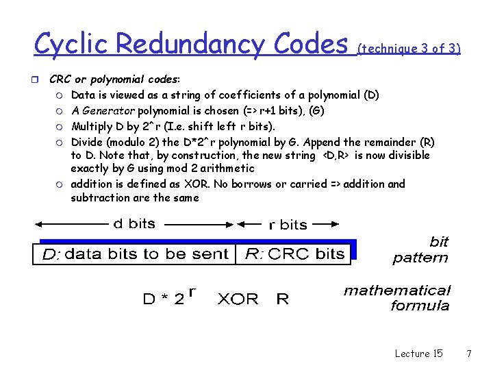 Cyclic Redundancy Codes r (technique 3 of 3) CRC or polynomial codes: m Data