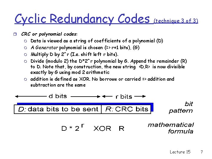 Cyclic Redundancy Codes r (technique 3 of 3) CRC or polynomial codes: m Data