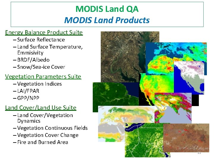 MODIS Land QA MODIS Land Products Energy Balance Product Suite – Surface Reflectance –