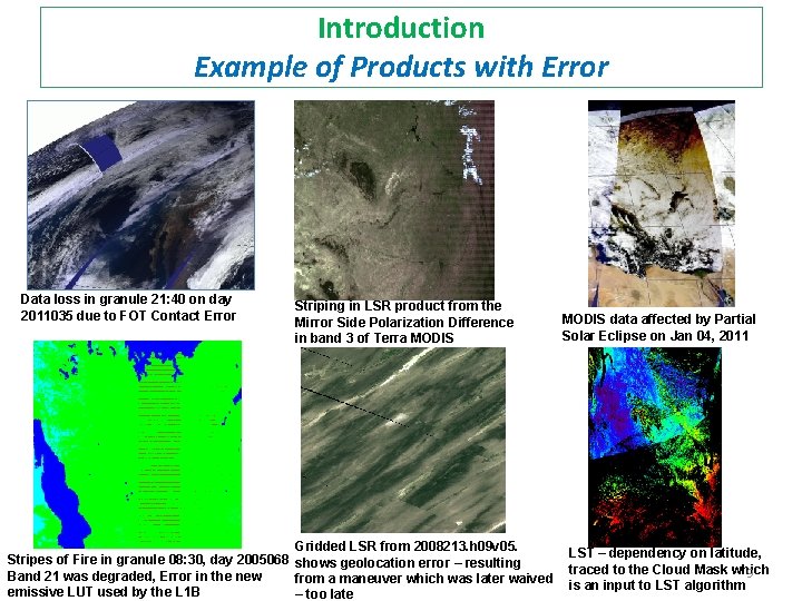 Introduction Example of Products with Error Data loss in granule 21: 40 on day