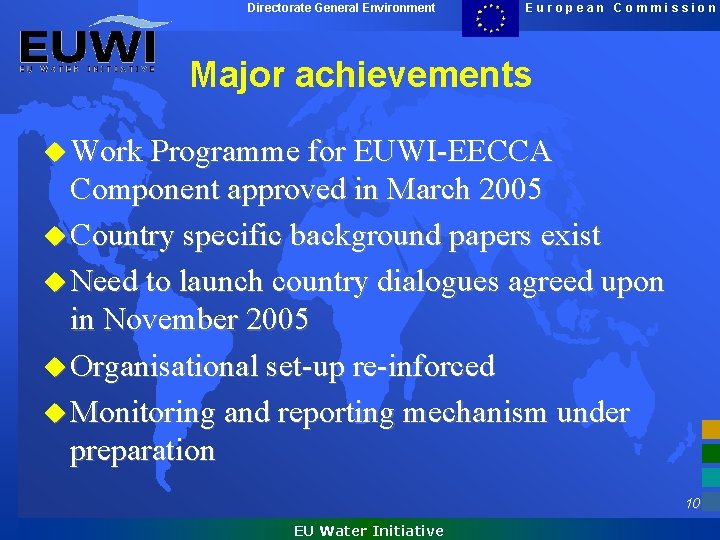 Directorate General Environment European Commission Major achievements u Work Programme for EUWI-EECCA Component approved