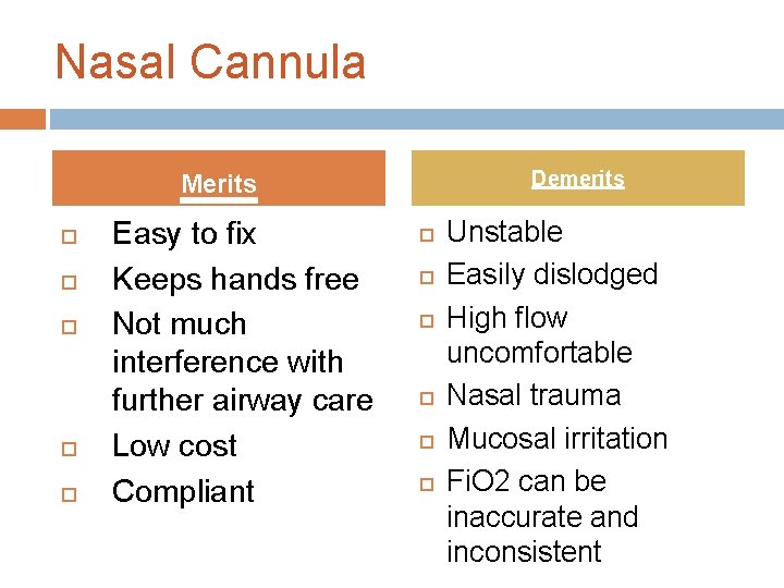 Nasal Cannula Demerits Merits Easy to fix Keeps hands free Not much interference with