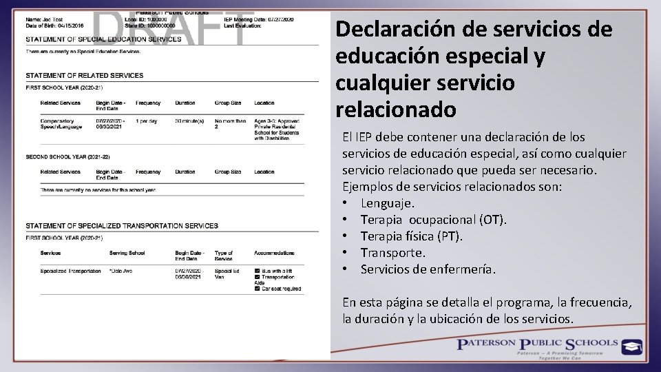 Declaración de servicios de educación especial y cualquier servicio relacionado El IEP debe contener