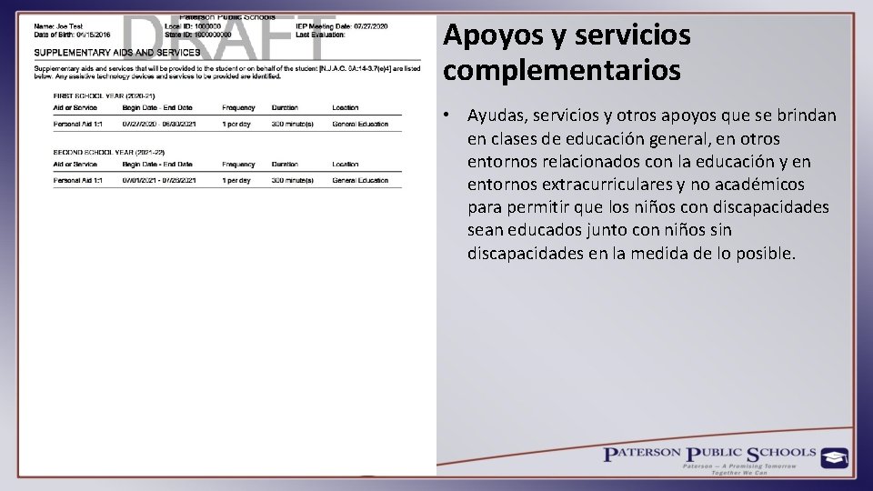 Apoyos y servicios complementarios • Ayudas, servicios y otros apoyos que se brindan en