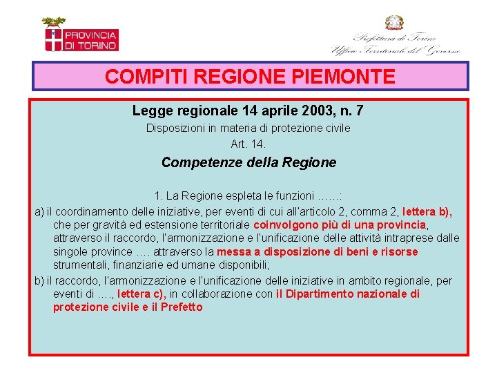 COMPITI REGIONE PIEMONTE Legge regionale 14 aprile 2003, n. 7 Disposizioni in materia di