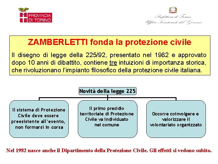 ZAMBERLETTI fonda la protezione civile Il disegno di legge della 225/92, presentato nel 1982