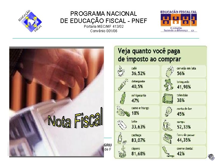 PROGRAMA NACIONAL DE EDUCAÇÃO FISCAL - PNEF Portaria MEC/MF 413/02 Convênio 001/06 GRUPO DE