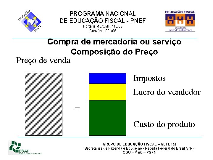 PROGRAMA NACIONAL DE EDUCAÇÃO FISCAL - PNEF Portaria MEC/MF 413/02 Convênio 001/06 Compra de PROGRAMA NACIONAL DE EDUCAÇÃO FISCAL - PNEF Portaria MEC/MF 413/02 Convênio 001/06 Compra de