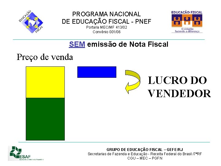 PROGRAMA NACIONAL DE EDUCAÇÃO FISCAL - PNEF Portaria MEC/MF 413/02 Convênio 001/06 SEM emissão
