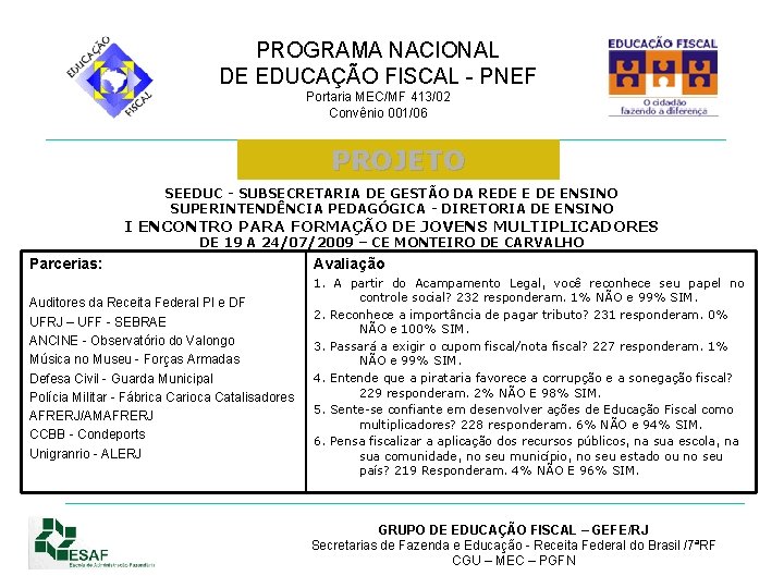 PROGRAMA NACIONAL DE EDUCAÇÃO FISCAL - PNEF Portaria MEC/MF 413/02 Convênio 001/06 PROJETO SEEDUC