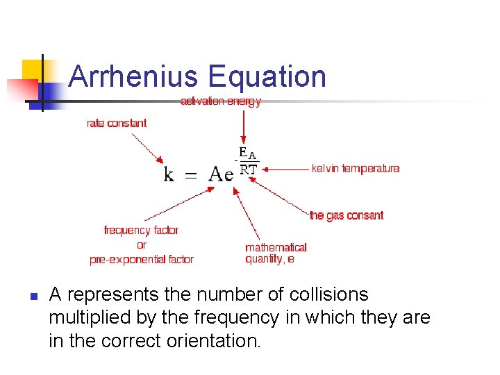 Arrhenius Equation n A represents the number of collisions multiplied by the frequency in