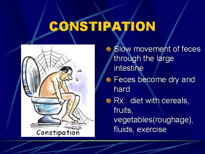 CONSTIPATION Slow movement of feces through the large intestine Feces become dry and hard