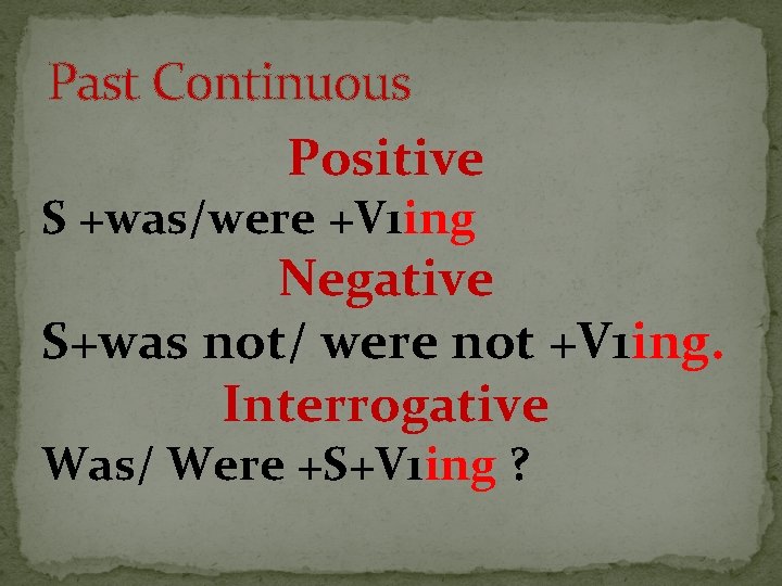 Past Continuous Positive S +was/were +V 1 ing Negative S+was not/ were not +V