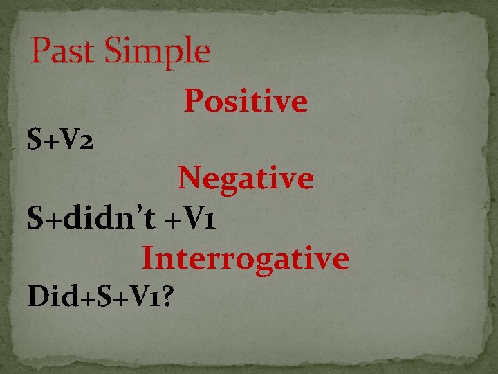 Past Simple S+V 2 Positive Negative S+didn’t +V 1 Interrogative Did+S+V 1? 