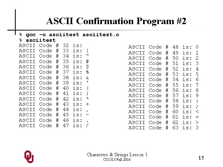 ASCII Confirmation Program #2 % gcc -o asciitest. c % asciitest ASCII Code #