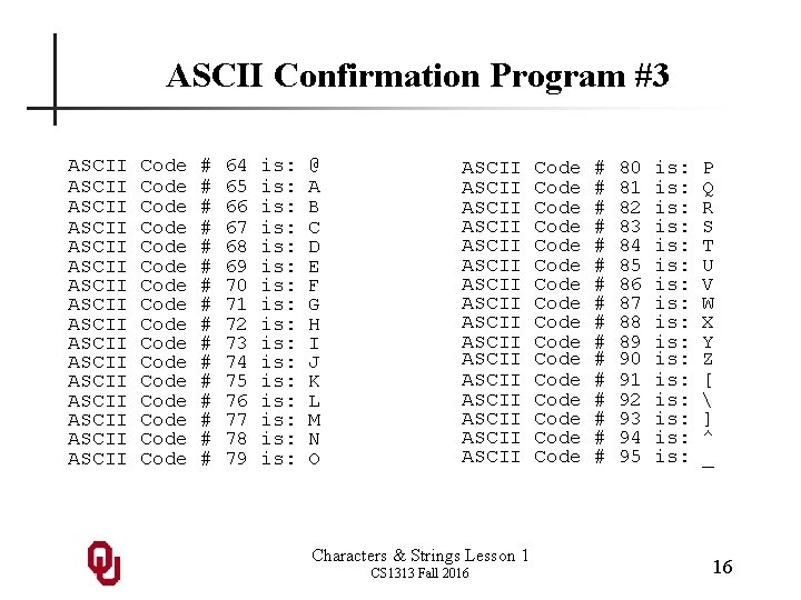 ASCII Confirmation Program #3 ASCII ASCII ASCII ASCII Code Code Code Code # #