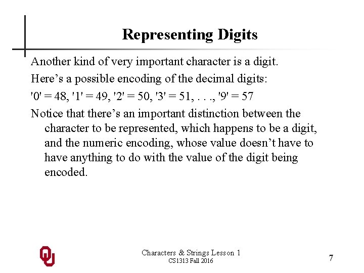 Representing Digits Another kind of very important character is a digit. Here’s a possible