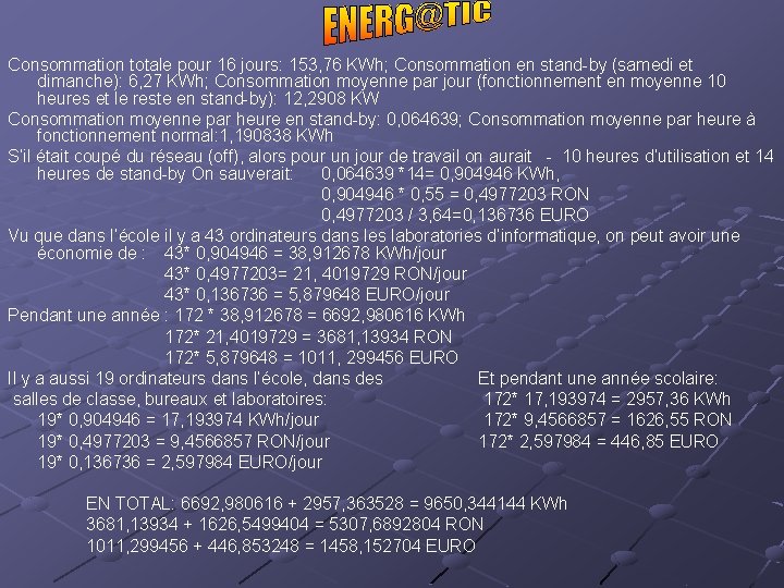 Consommation totale pour 16 jours: 153, 76 KWh; Consommation en stand-by (samedi et dimanche):