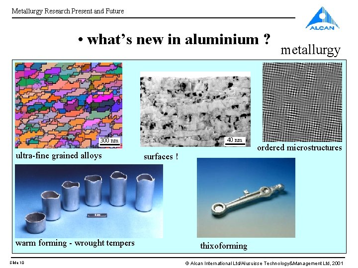 Metallurgy Research Present and Future • what’s new in aluminium ? 40 nm 300