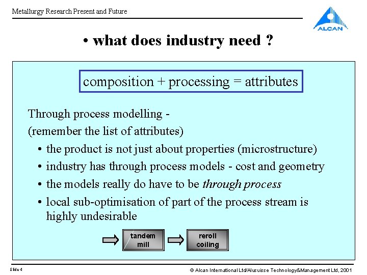 Metallurgy Research Present and Future • what does industry need ? composition + processing