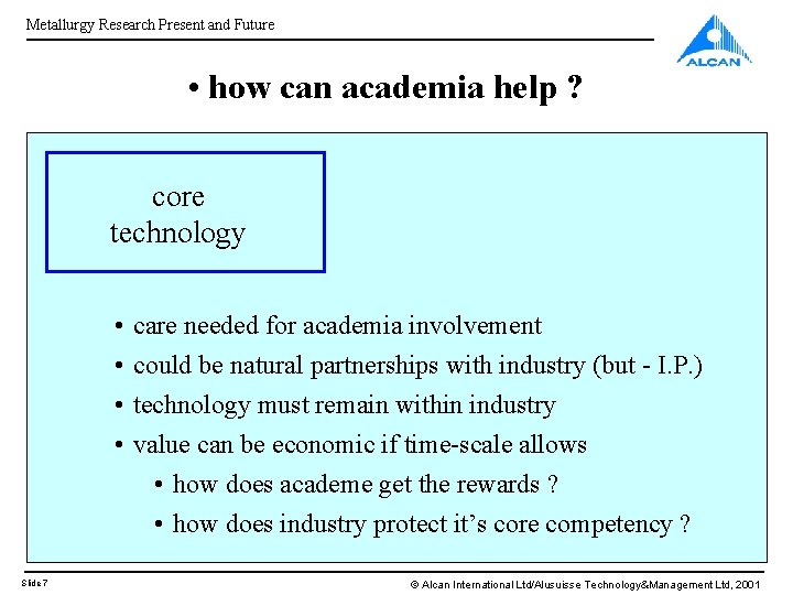 Metallurgy Research Present and Future • how can academia help ? core technology •