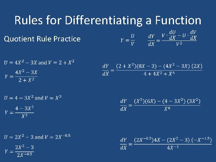 Rules for Differentiating a Function Quotient Rule Practice 