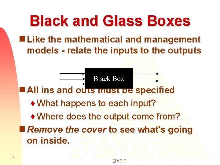 Black and Glass Boxes g Like the mathematical and management models - relate the