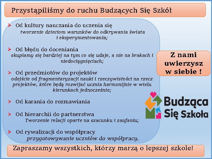 Przystąpiliśmy do ruchu Budzących Się Szkół Ø Od kultury nauczania do uczenia się tworzenie