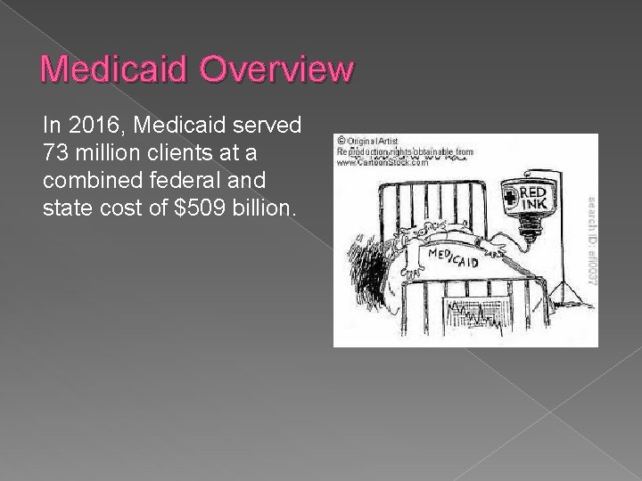 Medicaid Overview In 2016, Medicaid served 73 million clients at a combined federal and