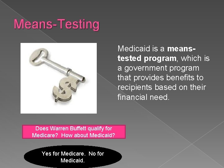 Means-Testing Medicaid is a meanstested program, which is a government program that provides benefits