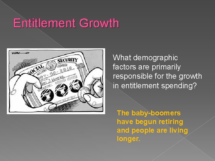 Entitlement Growth What demographic factors are primarily responsible for the growth in entitlement spending?
