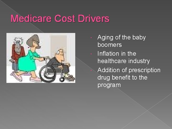 Medicare Cost Drivers Aging of the baby boomers Inflation in the healthcare industry Addition