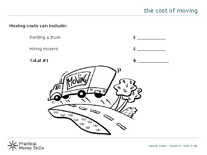 the cost of moving Moving costs can include: Renting a truck $ ______ Hiring